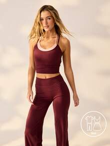 Aralina Leisurewear Active 2pcs Double Strap Criss Cross Back Cami High With Waist Flare Leg Body Sculpting Stretch Yoga Gym Pilates Activewear Two Pieces Set - Burgundy - View 4