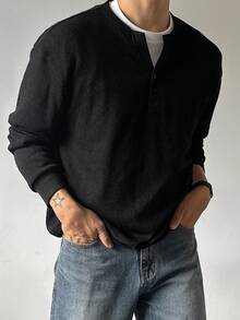 DAZY Spring/Autumn Long Sleeve Black & Grey Floral Knit Fabric Half-Zip Small V-Neck Loose Fit Men's Sweatshirt With Cuffed Hem And Cuffs - Black - View 1