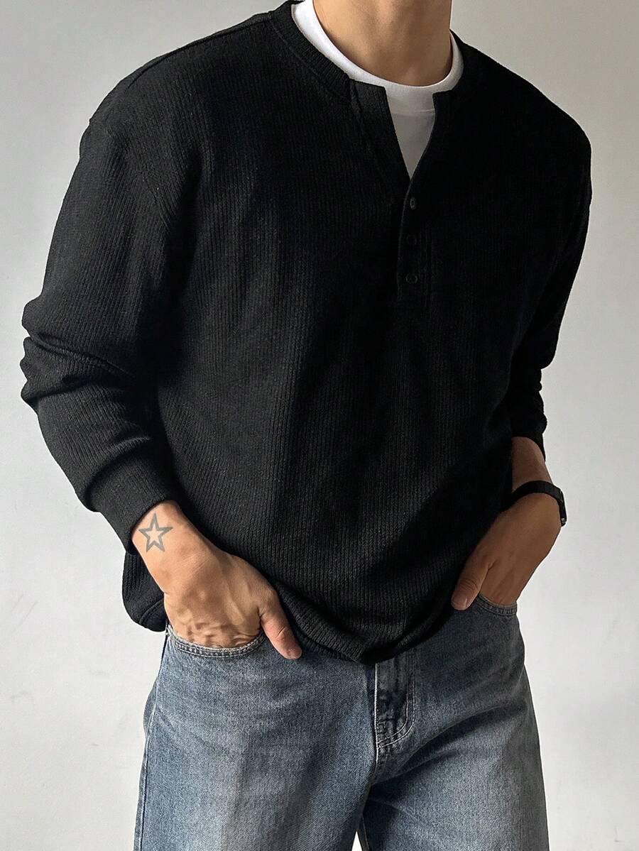 DAZY Spring/Autumn Long Sleeve Black & Grey Floral Knit Fabric Half-Zip Small V-Neck Loose Fit Men's Sweatshirt With Cuffed Hem And Cuffs - Black - View 1