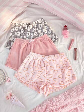 SweetSlumber Conjunto de 3 piezas de pantalones de pijama de mujer con estampado de leopardo y corazón, estilo dulce INS, de felpa