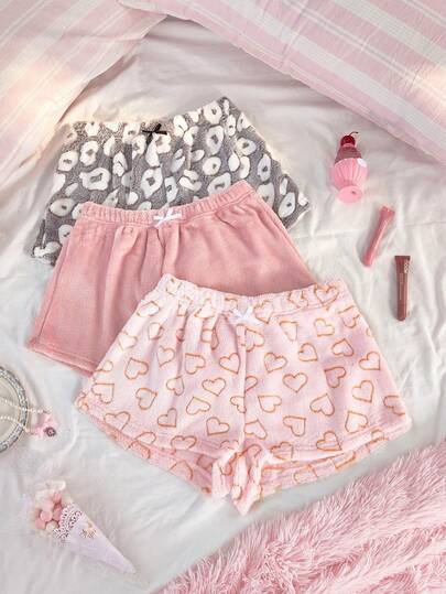 SweetSlumber Women's Sweet INS Plush Leopard Print Heart Pajama Bottoms 3 Pieces Set