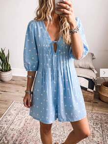 Wildy BOHO Vintage Casual Western Country Nomad Plaid Women's Autumn/Winter Daily Outfit Picnic Vacation With Pockets Autumn/Winter Jumpsuit Blue Polka Dot - Multicolor - View 11