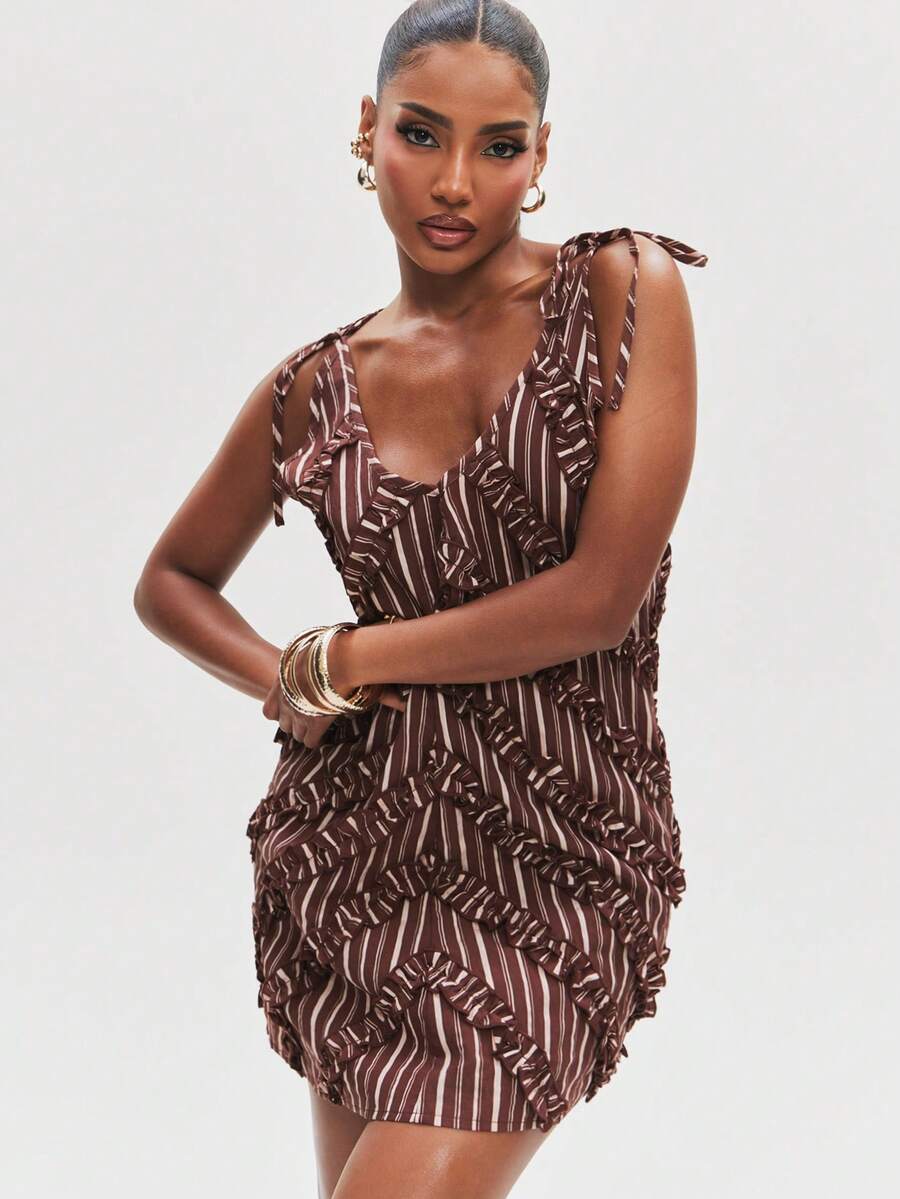 NYA SZN Dress Mini Length Sleeveless Ruffle Detail Plaid Flannel Sexy Club Going Out Birthday Party Fall - Brown - View 1