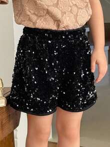 Dazy Kids Celana Pendek Fashion Anak Perempuan Warna Hitam Beludru Berpayet, Musim Gugur - Hitam - View 2
