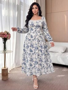 Feyla 大尺碼女款蕾絲拼接花卉印花優雅收腰派對洋裝 - 彩色 - 查看 6