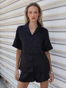 Brooke Lily 女款春夏黑色豹紋提花寬鬆襯衫短褲套裝，適合戶外穿著，街頭風優雅襯衫短褲套裝 - 黑色 - 查看 5