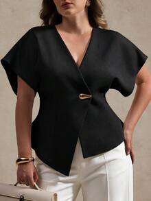 Elegantrix Plus Size Elegant Commuter Metal Decor Asymmetric Hem Shirt - Black - View 6