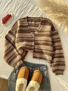 Comfortcana Cardigan casual versatile da donna taglie forti, a righe e colorblock, per uso quotidiano invernale - Multicolore - Visualizzare 3