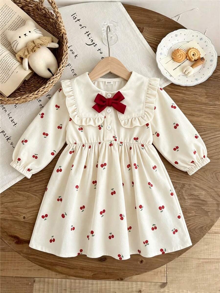 SHEIN 女嬰春秋新款可愛長袖公主洋裝 櫻桃滿版印花 嬰兒幼兒服飾 時尚森系風格 - 彩色 - 查看 1