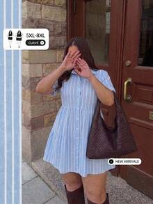 SHEIN CURVE+ Plus Size Striped Color Block Pleated Casual Daily Wear Dress Formal, Fall Winter 2026 22W - Blue and White - View 1