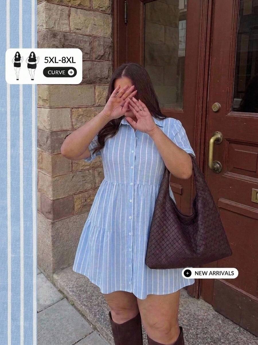 SHEIN CURVE+ Plus Size Striped Color Block Pleated Casual Daily Wear Dress Formal, Fall Winter 2026 22W - Blue and White - View 1