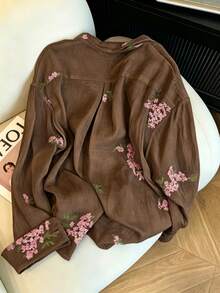 INAWLY 女款時尚休閒極簡浪漫度假風刺繡花卉長袖鈕扣襯衫 - 卡其色 - 查看 2