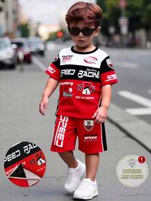 SHEIN Playful Pals 2件組兒童夏季運動套裝，紅白條紋數字印花短袖上衣與短褲，街頭生活休閒圖案街頭時尚，沙灘 - 彩色 - 查看 1