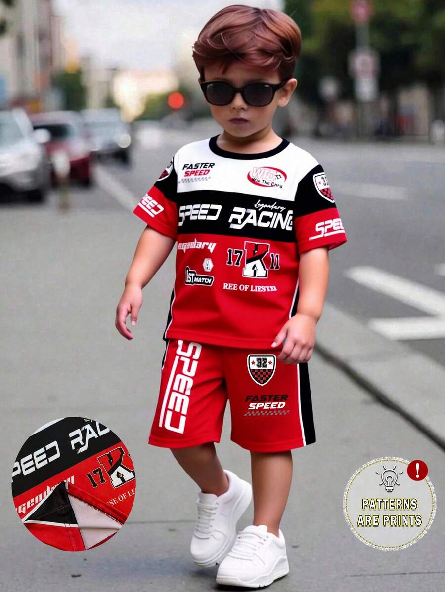 SHEIN Playful Pals 2件組兒童夏季運動套裝,紅白條紋數字印花短袖上衣與短褲,街頭生活休閒圖案街頭時尚,沙灘 - 彩色 - 查看 1