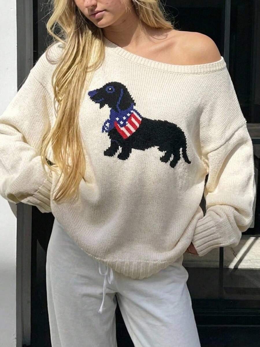 CovetEZ Women's Dachshund Pattern Dropped Shoulder Sweater