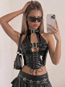 SHEIN ICON Y2k Goth Women's Fashion PU Leather Grommet Decor Lace-Up Back Tank Top - Black - View 3