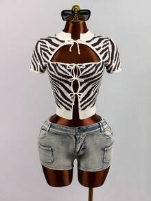 Mistrie American Retro Zebra Stripe Ribbed Knit Short Sleeve New Chinese Style Frog Button Halter Neck Hollow Out Multi-Tie Fitted Cropped Top - Beige - View 1