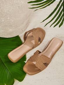 SHUZIA Women's Square Toe Hand Woven Vegan Leather Tan Slide Sandals – Inspired By Designer Aesthetic, Wide Fitting Minimalist & Elegant,Travel Essentials For Summer - Mocha Brown - View 5