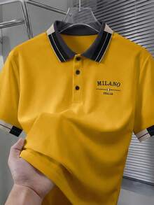 Calvornis 男士珠飾刺繡羅紋領短袖休閒 Polo 衫 - 黃色 - 查看 1