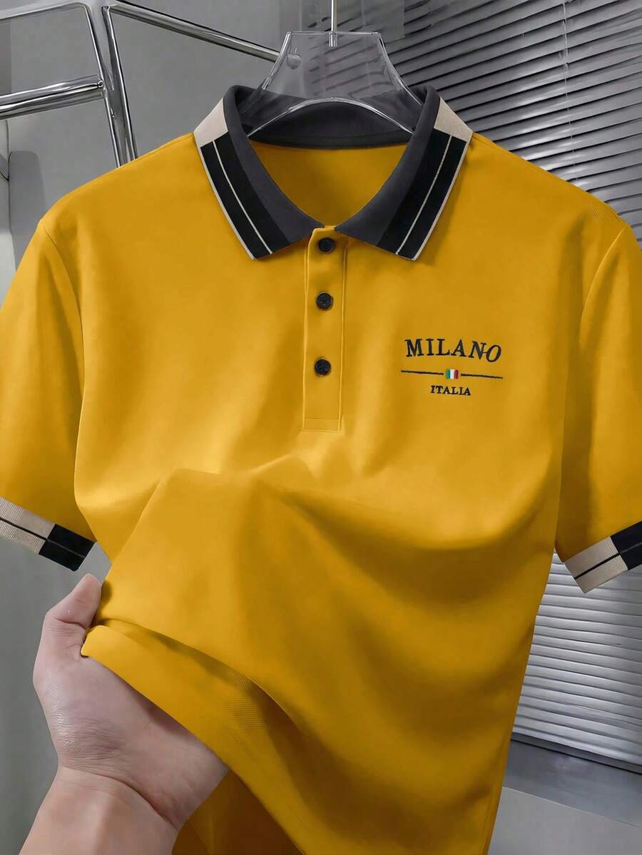 Calvornis 男士珠飾刺繡羅紋領短袖休閒 Polo 衫 - 黃色 - 查看 1