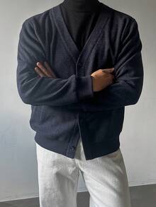 DAZY Spring/Autumn Navy Blue Tweed Fabric V-Neck Open Front Long Sleeve Commuter Men's Jacket And Coat - Navy Blue - View 6