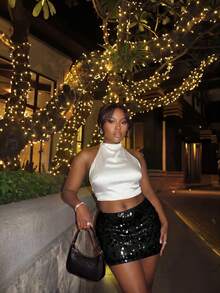 Firerie Plus Size Women's Solid Color Sequin Fashion Bodycon Skirt - Black - View 4