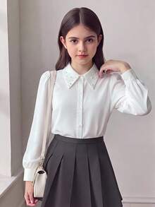SHEIN 兒童青少年女孩秋冬休閒學院風精緻珠飾大領長袖鈕扣襯衫 白色兒童襯衫 返校季小學校服上衣 - 白色 - 查看 6