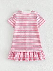 Emery Rose Kids Emery Rose Kids 女童條紋圓領短袖荷葉邊時尚洋裝 - 粉色 - 查看 2