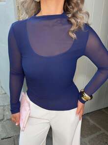 Jeta Ari 2026 Frühling/Sommer Damen Mesh transparente Einsätze Off-Shoulder Bluse, urbaner Pendler Business-Casual Top, elegantes Outfit für Dates, Urlaub, Hochzeitsgäste - marineblau - Übersicht 4