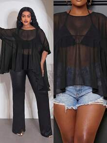 Slaydiva Black Chiffon Ruffle Flare Sleeve Loose Fit Blouse Beach Vacation Vacation Vacation Autumn Sexy Fall - Black - View 8
