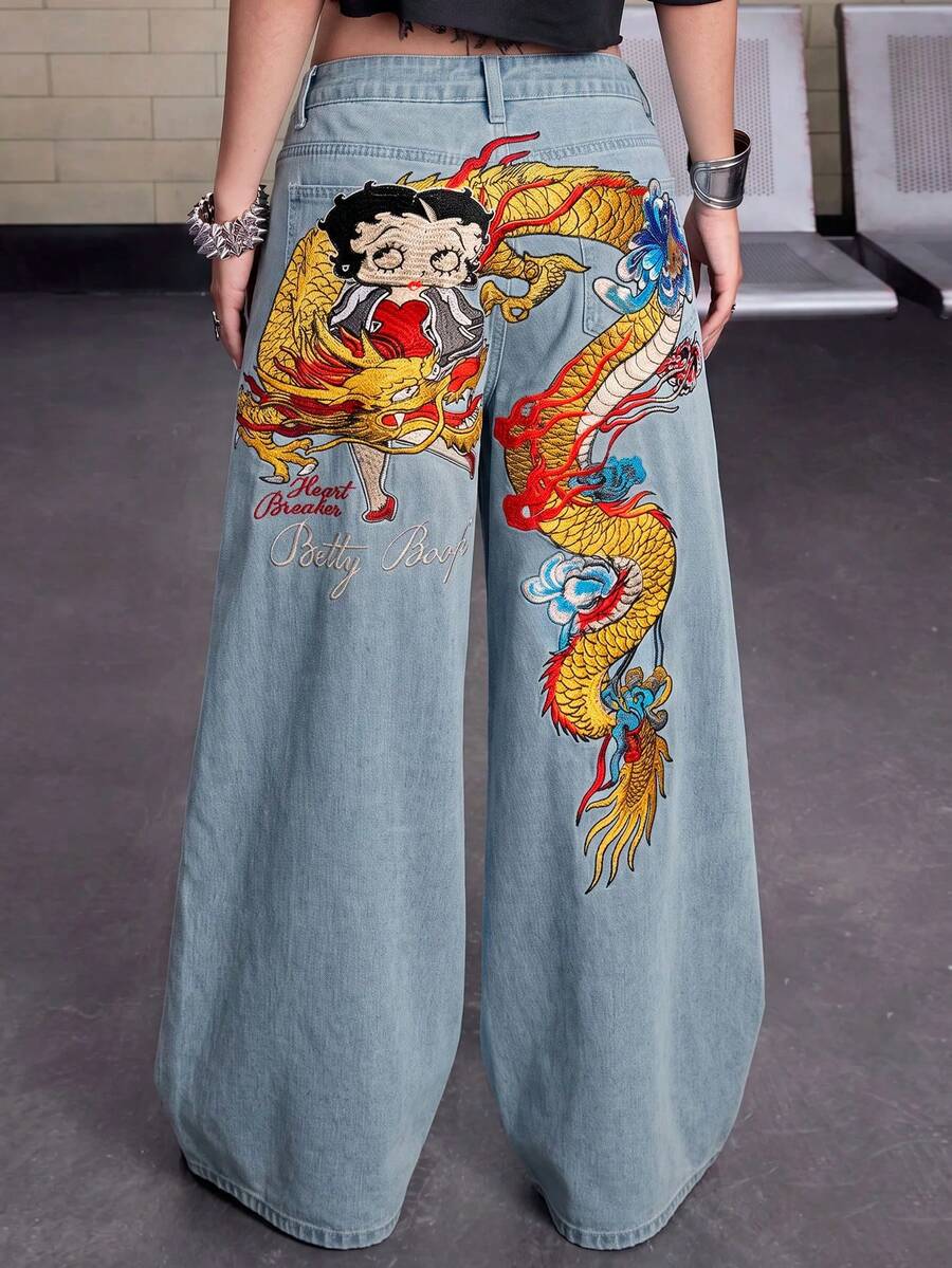 Betty Boop | ROMWE 春夏圖案聯名龍刺繡低腰寬鬆寬腿牛仔褲 - 淺藍色 - 查看 1
