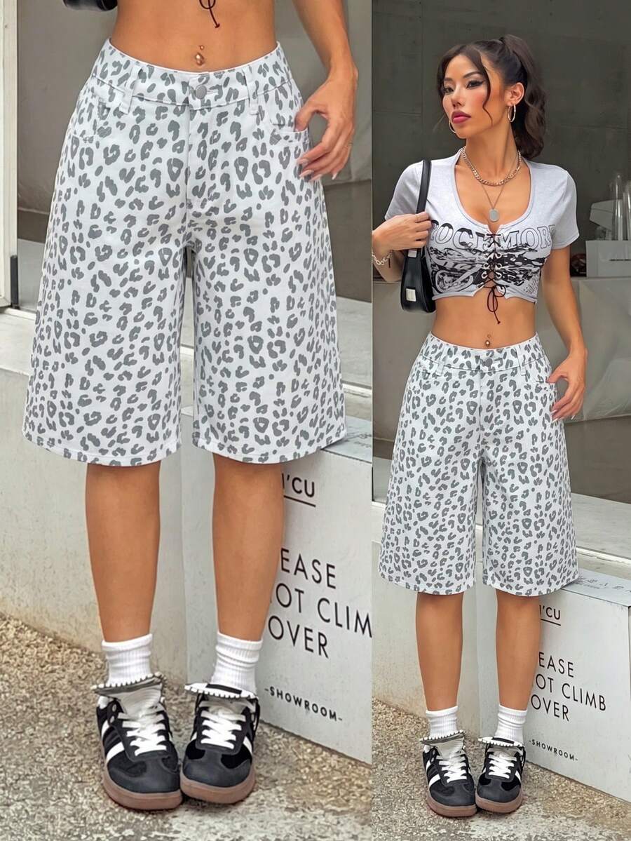 SHEIN PETITE 女款性感低腰迷彩牛仔短褲 - 彩色 - 查看 1