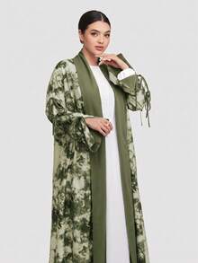 Veilorie 女士优雅扎染系带细节前开襟宽松阿拉伯长袍 - 軍綠色 - 查看 4