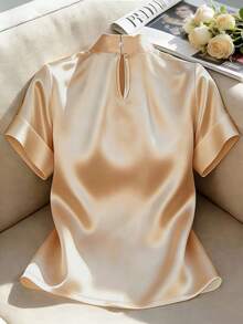 Franclia Blus Lengan Pendek Satin Elegan Modis untuk Wanita dengan Hiasan Mutiara - Sampanye - View 2