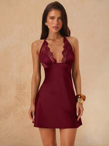 SHEIN BAE Summer Solid Burgundy Lace Halter Deep V-Neck Satin Fitted Mini Dress For Romantic Sexy Date Night Night Out Valentine's Day Dates Parties Evening - Burgundy - View 1