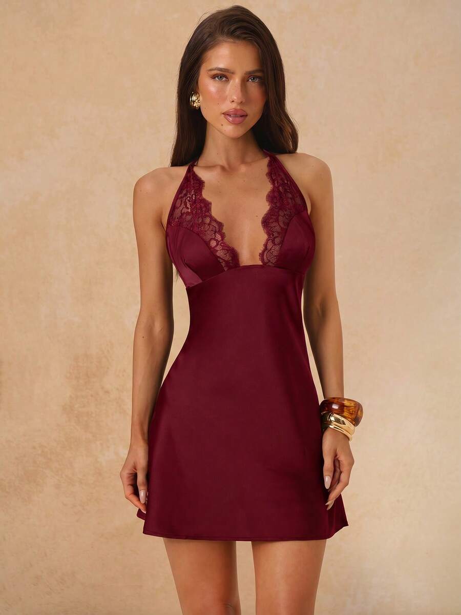 SHEIN BAE Summer Solid Burgundy Lace Halter Deep V-Neck Satin Fitted Mini Dress For Romantic Sexy Date Night Night Out Valentine's Day Dates Parties Evening - Burgundy - View 1
