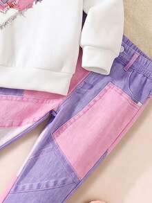 1 Set Conjunto de Primavera/Otoño para Niñas Pequeñas, Sudadera de Cuello Redondo con Estampado de Corazones y Volantes en Patchwork Rosa & Morado + Pantalones Largos de Ajuste Ceñido con Degradado de Bloques de Color, Conjunto de 2 Piezas - Multicolor - Ver 5