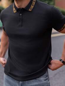 YOUESAWY YOUESAWY 男士拼色幾何印花領口老錢風工作POLO正式襯衫，適合丈夫與爸爸，適用於儀式場合 - 黑色 - 查看 3