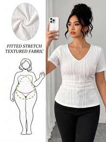 Elenzga Plus Size Women's Solid Color Textured Short Sleeve Slim Fit T-Shirt - White - View 1