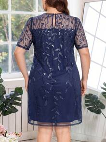 Reflora Plus Size Elegant Party Sequin Embroidered Mesh Dress - Navy Blue - View 2