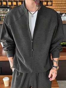 DAZY Spring/Autumn Dark Grey Crew Neck Half-Zip Pullover Sweatshirt With Decorative Rope And Drawstring Hem, Elastic Waist Long Pants Men's Set - Dark Grey - View 3