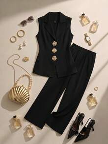 Formidée Plus Size Spring/Summer Elegant Casual Gold Rose Button Decor Solid Color Sleeveless Blazer Top + Versatile Casual Long Pants Women's 2-Piece Set, Suitable For Spring/Summer, Commuting, Office, Professional Women's 2-Piece Suit Set - Black - View 1