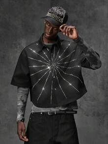 NEON BLANC Men's Rhinestone Printed Denim Shirt - Black - View 2