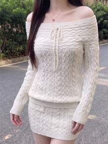 DAZY Women's Off-Shoulder Tie-Front Knit Long Sleeve Sweater, Gentle Elegant Top For Autumn/Winter - Apricot - View 4