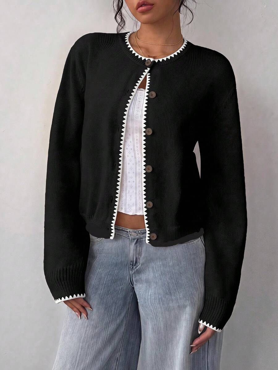 SHEIN BASICS Cardigan de punto con bordado de concha en contraste de color, adecuado para salidas de otoño/invierno, de vuelta a la escuela - Negro - Ver 1