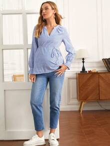 SHEIN Maternity Casual Striped Shirt For Autumn Fall - Navy Blue - View 4