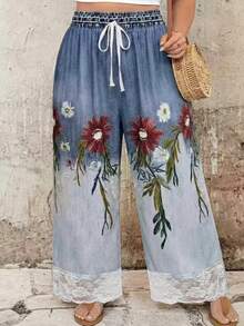EMERY ROSE Plus Size Ombre Print Knotted Lace Patchwork Casual Wide Leg Pants Fall - Multicolor - View 6