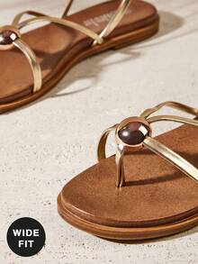 VACAZURE Women   Round Toe Wide&Cushioned Footbed Metal-Ball Decor Toe-Post Ankle Strap Metallic Pu Gold Flat Sandals – Chic, Clean & Comfortable - Gold - View 4