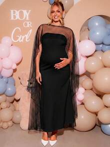 Loomaby Maternity Polka Dot Mesh Shawl And Bandeau Dress Elegant 2 Pieces Set - Black - View 10