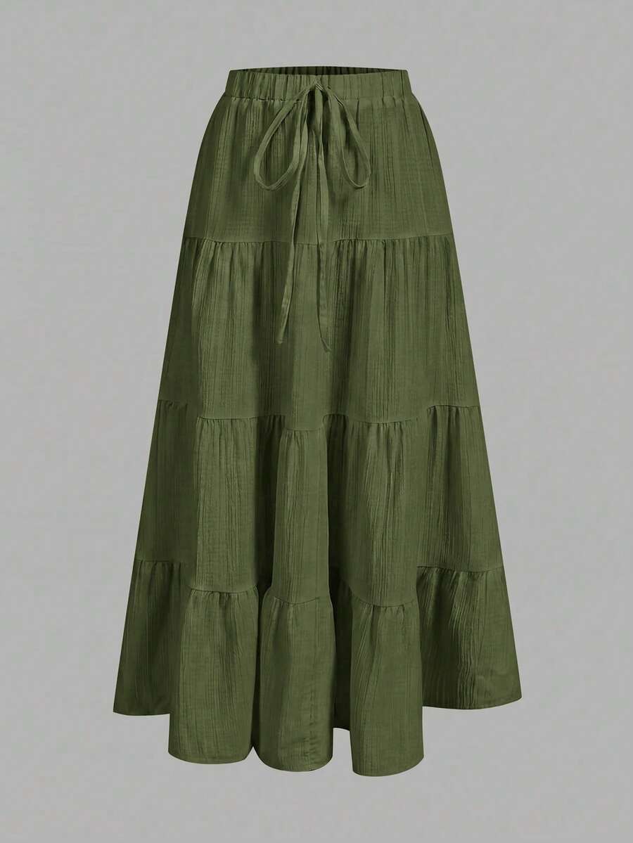 SHEIN EZwear 女款休閒度假多層蛋糕裙,適合夏季 - 軍綠色 - 查看 1